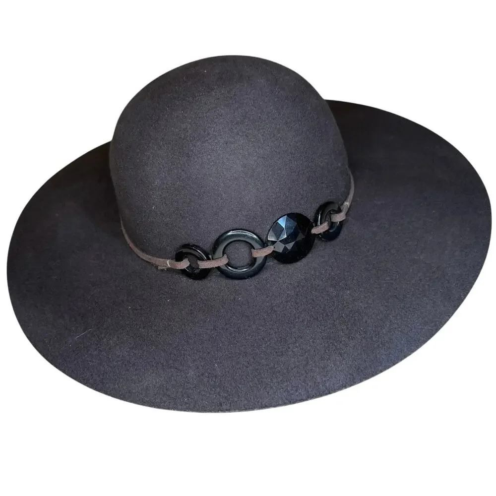 VTG Scala Pronto Y2K Boho 100% Wool Deep Brown Black Beaded Detail Floppy Hat